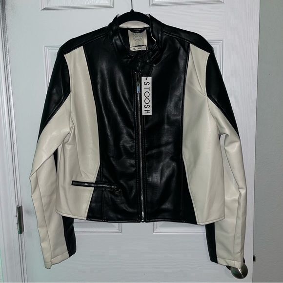 Stoosh Jackets & Blazers - Brand New Stoosh Black and White Leather Moto Jacket with Glossy Finish
